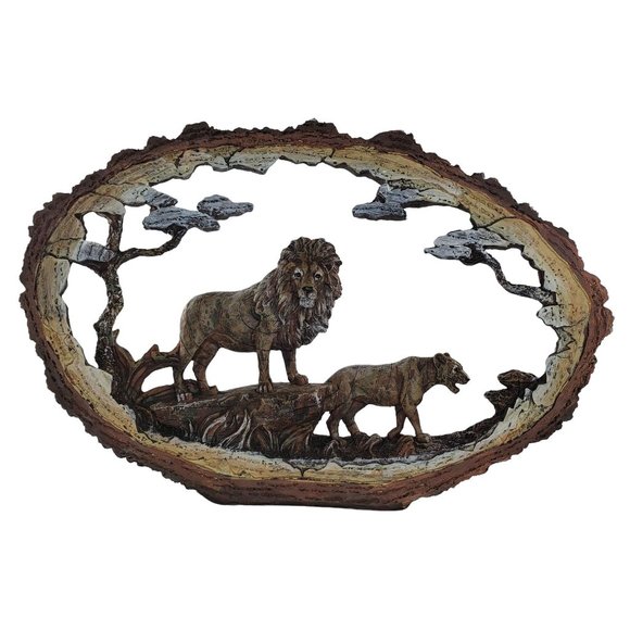 Unmarked Other - Lion Pride Faux Wood Bark Carved Resin Sculpture